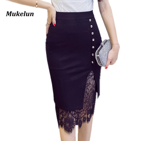 Women's Skirt High Waist Pencil Skirt Black Summer 2022 Fashion Women Knee Length Lace Patchwork Office Work Skirts Plus Size ► Photo 1/6