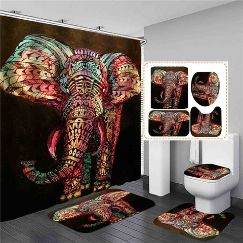 4PCS Watercolor Elephant Shower Curtain Set Bathing Mat Toilet Lid Cover Anti-slip Kitchen Carpet Flannel Rug Pad Home Decor ► Photo 1/6