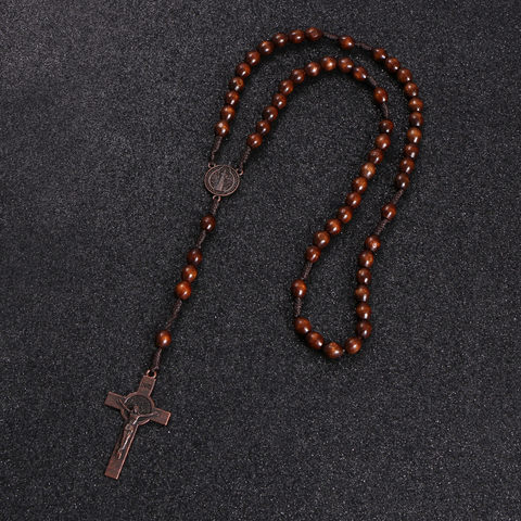KOMi Christ Jesus Wooden Beads 8mm Rosary Bead Cross Pendant Woven Rope Chain Necklace Religious Orthodox Praying  Jewelry R-192 ► Photo 1/6
