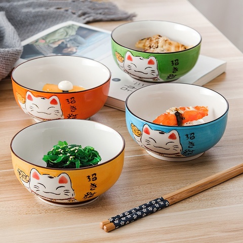 Multi-size Japanese Lucky Cat Round Ceramic Bowl Restaurant Household Bone China Salad Bowl Noodle Soup Bowl Tableware ► Photo 1/6