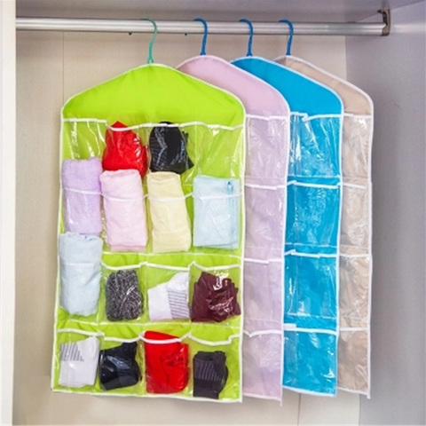 16 Pockets Clear Hanging Bag Socks Bra Underwear Rack Hanger Storage Organizer 
