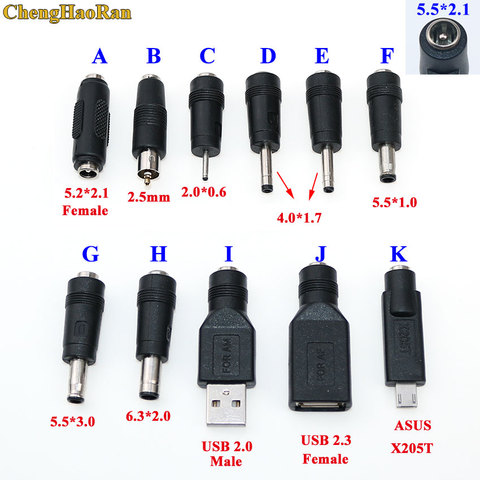 DC jack 5.5 X 2.1 mm female to 2.0 *0.6 4.0 *1.7 5.5*1.0 5.5*3.0 6.3 *2.0 2.5mm USB 2.0 ASUS X205T male DC power plug adapter ► Photo 1/6