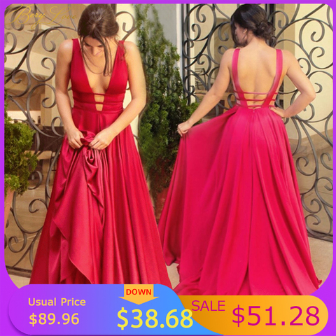Sexy Red Evening Dresses V Neck Backless Satin Prom Dresses Long Elegant Evening Gown Robe De Soiree Christmas Party Dress Plus ► Photo 1/6