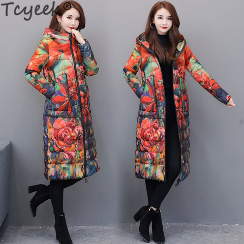 Tcyeek Fashion 6XL Women's Down Jacket Winter Coat Female Clothes 2022 Long Floral Down Parka Hooded Ladies Overcoat Hiver 1858 ► Photo 1/6