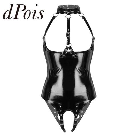 Womens Open Cups Wet Look Patent Leather One-piece Sexy Lingerie Halter Neck Bare Breast Crotchless One Piece Leotard Bodysuit ► Photo 1/1