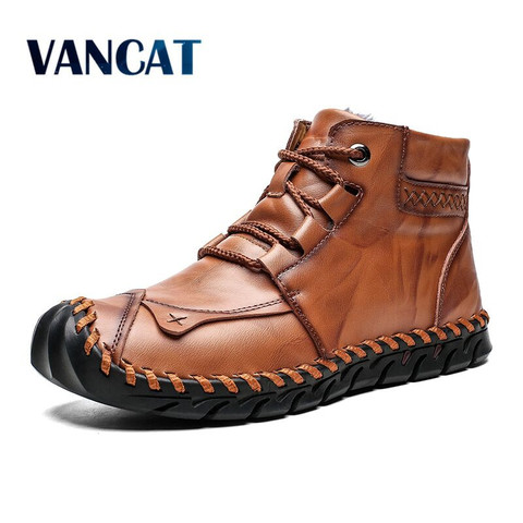 High Quality Leather Autumn Winter Men Boots Warm Plush Snow Boots Outdoor Fur Motorcycle Boots Ankle Boots Men's Shoes Size 48 ► Photo 1/6