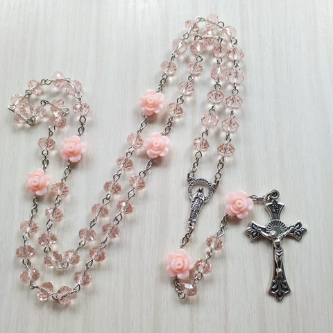 QIGO Pink Rose Crystal Rosary Necklace Catholic Vintage Cross Pendant Long Necklace Religious Jewelry ► Photo 1/6