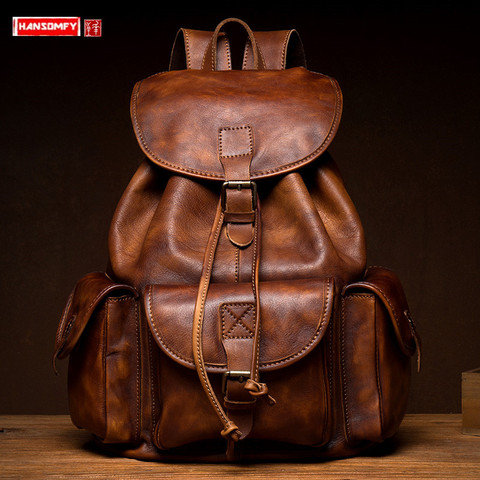 Vegetable Tanned Leather Backpack Men's First Layer Cowhide Computer Bag Casual Travel Backpacks Large Capacity Vintage ► Photo 1/6