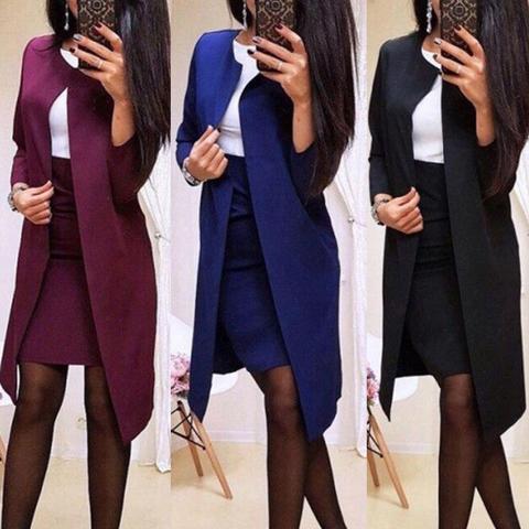 2Pcs Office Lady Autumn Solid Color Long Blazer Jacket Bodycon Mini Skirt Suit Long Blazer Jacket Bodycon Mini Skirt Suit Lady ► Photo 1/6