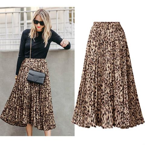 Leopard Print Skirts Womens 2022 New Spring Autumn Elastic Waist A Line Pleated Midi Skirt Casual Streetwear ► Photo 1/6