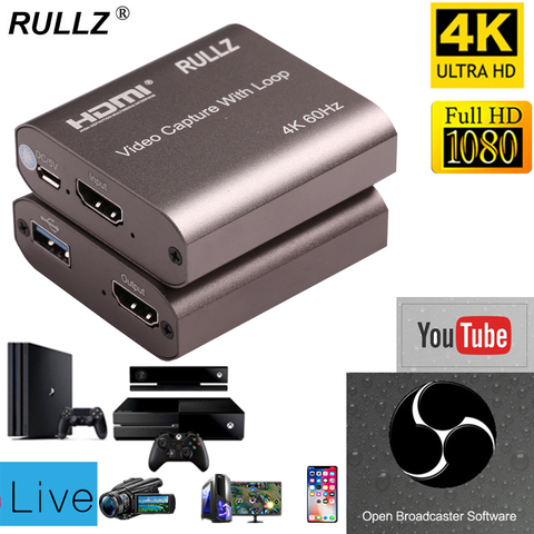 4K 60hz Loop Out HDMI Capture Card Audio Video Recording Plate Live Streaming USB 2.0 3.0 1080p Grabber for PS4 Game DVD Camera ► Photo 1/6