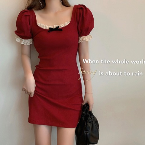 Square Collar Lace Vintage Red Color Dress Female Summer Tight Sexy Bag Hip Dress French Dress 2022 New Style ► Photo 1/6