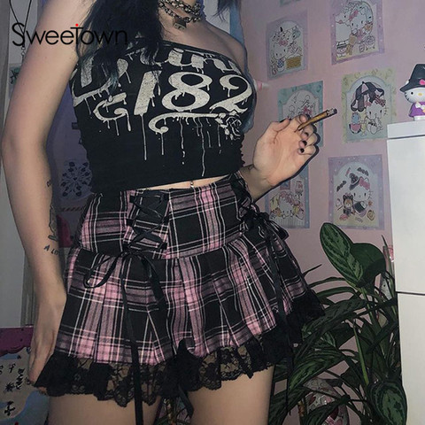 Sweetown Lace Up Goth Y2K Woman Skirts Pink Stripe Plaid Lace Trim Pleated Skirt Punk Rave Dark Academia Aesthetic Egirl Clothes ► Photo 1/5