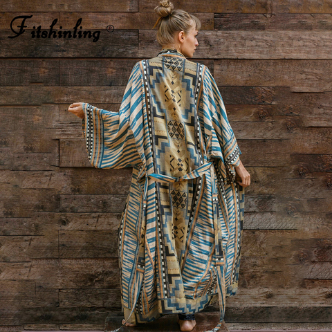 Fitshinling Vintage Geometric Beach Kimono Bohemian Oversized Cardigan With Belt Holiday Slim Ethnic Tribe Swimsuits Cover Up ► Photo 1/1