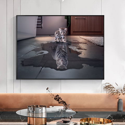Cartoon Animals Posters the Reflection of a Cat is Like a Tiger Wall Art Painting Prints on Canvas Pictures Home Kids Room Decor ► Photo 1/5