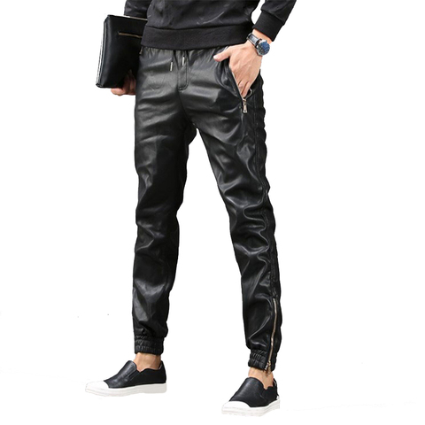 TSINGYI Fashion Moto Elastic Waist Faux Leather Pants Men Joggers Zipper Pockets Black Streetwear Slim Pencil Pant Men Clothing ► Photo 1/6