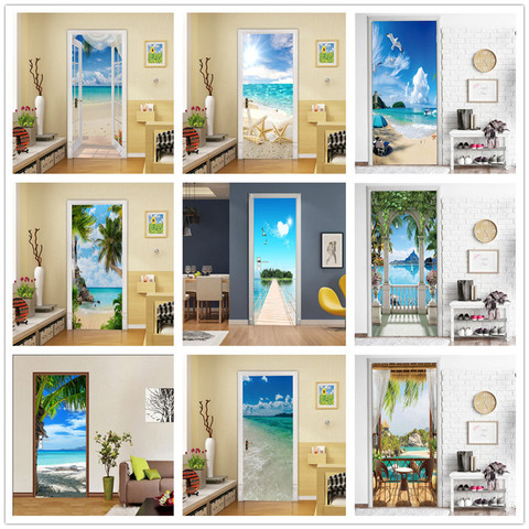 Beach Sun Self-adhesive Door Wallpaper 3D PVC Home Design Decoration Sticker Porte Scenery Poster Mural Wall Decals deursticker ► Photo 1/6