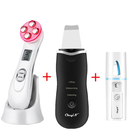 Ultrasonic Skin Scrubber Facial Spatula Deap Cleaning Skin Peeling Face Cleaner + RF EMS LED Beauty Device + Mini Nano mister 48 ► Photo 1/6