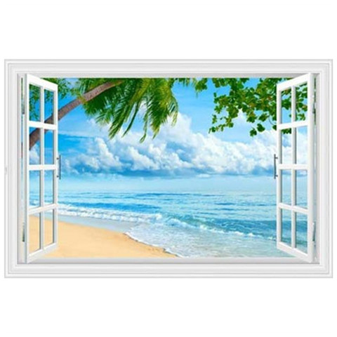 Sea view creative wall art mural Beach Palm Tree 3d fake window vinyl stickers home decoration scenery poster wallpaper 90*60cm ► Photo 1/6