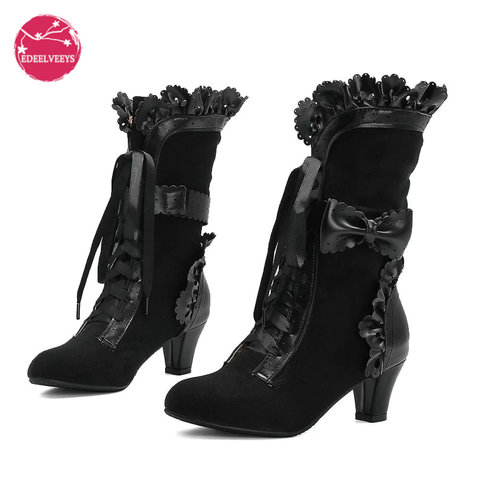 Winter Girls Lolita Faux Suede Mid-Calf Boots High Heel Ruffle Trim Japanese Princess Cosplay Party Shoes Vintage Sweet Kawaii ► Photo 1/6