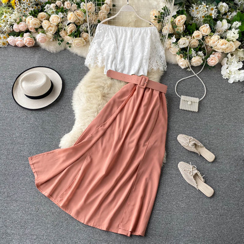 SINGRAIN Women Summer Slash Neck Lace Ruffles Short Top+Sexy Split High Waist Long Skirt Two Pieces Set French Sweet Fashion Set ► Photo 1/6