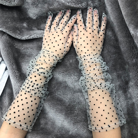 New 1 Pair Grace Autumn Summer Short Tulle Gloves Stretchy Lace Spots Falbala Flexible Accessories Full Finger Tulle Gloves ► Photo 1/6