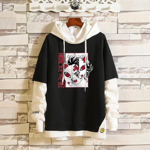 New Demon Slayer Anime Tanjiro And Nezuko Hoodie Stitching Men Women Korean Kpop Street Style Fake Two Sweatshirt Sudadera Mujer ► Photo 1/6