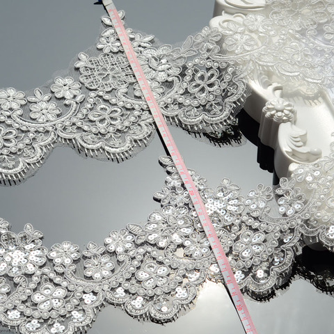 1Yard White/Ivory Cording Fabric Sequins Flower Venise Venice Mesh Lace Trim Applique Sewing Craft for Wedding Dec. 13cm ► Photo 1/3