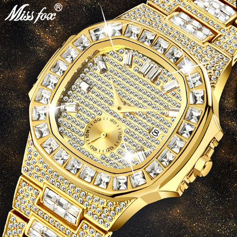 MISSFOX Luxury Men Watch Gold 18K Nautilus Model Fully Paved Baguette Diamond Mens Watches Waterproof Calendar Male Clock Hours ► Photo 1/5