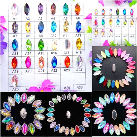 Glass Crystal Silver claw settings 8 sizes nice colors horse eye Navette Marquise shape Sew on rhinestone beads appliques diy ► Photo 1/6