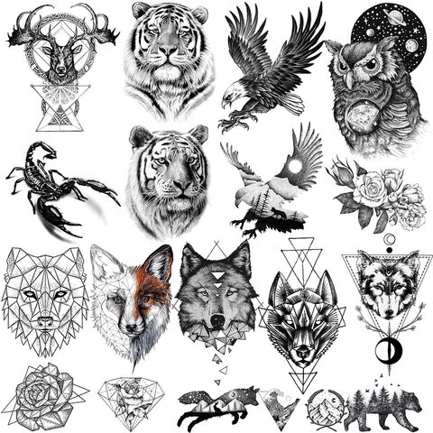 Animal Tiger Elk Temporary Tattoos For Men Fox Wolf Eagle Fake Tattoo Sticker Owl Flower Scorpion King Tatoo Women Body Armbands ► Photo 1/6