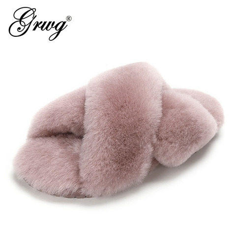 GRWG 100% Natural Sheepskin Fur Slippers Fashion Female Winter Slippers Women Warm Indoor Slippers Soft Wool Lady Home Shoes ► Photo 1/4