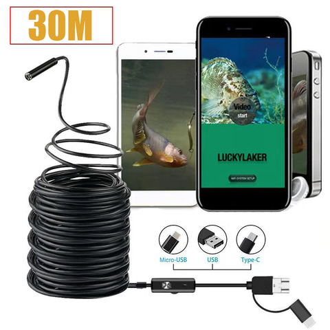 30M HD fish hunting surveillance camera Wire connection IP68 waterproof endoscope 8LED Fish finder fishing tool for smart phones ► Photo 1/6
