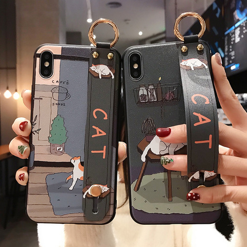 Cute Illustration cat Phone Holder Case For iphone 12 mini 11 Pro XS MAX X XR 6S 7 8 plus Wrist Strap Soft TPU cases cover capa ► Photo 1/6