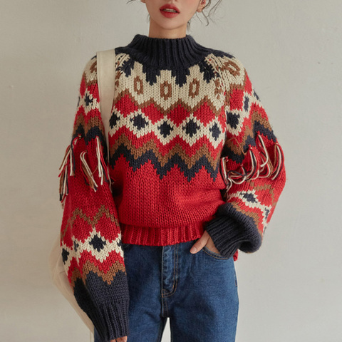 TEELYNN long sleeve autumn winter warm Christmas sweater vintage red jacquard knit sweaters women boho tassle jumper pullover ► Photo 1/6