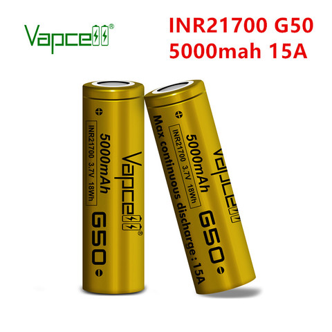 2pcs Vapcell Original 21700 5000mAh 15A G50 battery Rechargeable 3.7V INR21700  li ion batteries cell free shipping ► Photo 1/6