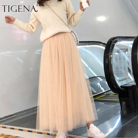 TIGENA 98cm Long Maxi Tutu Tulle Skirt Women Fashion 2022 Spring Summer Korean High Waist Pleated School Mesh Skirt Female ► Photo 1/6