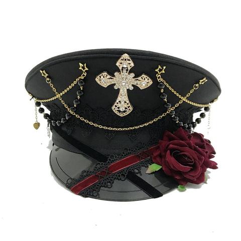 Gothic Women Military Hat Spring Autumn Cross Beading Lolita Sailor Hats Black Ladies Flat Top Caps ► Photo 1/6
