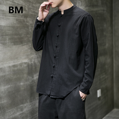 2022 Linen Shirts Men Clothing Chinese Style Long Sleeve Retro Buttoned Shirt Solid Color Stand-up Collar Loose Plus Size Tops ► Photo 1/5