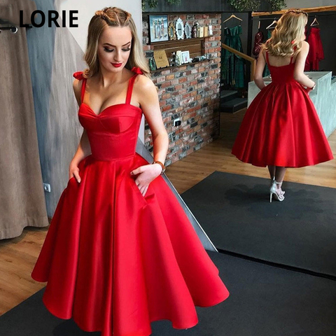 LORIE Red Short Evening Dresses Formal Satin Prom Party Gowns Sweetheart Spaghetti Strap Open Back A-line Beach Princess Dress ► Photo 1/4