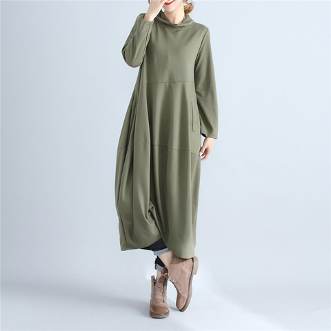 Johnature Women Turtleneck Dress Brief 2022 Spring Autumn New Casual Long Sleeve Pullover Loose Robe Cotton Women Soft Dresses ► Photo 1/6