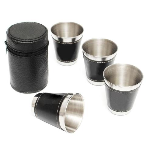 4Pcs Cups + 1 Leather box Mini Stainless Steel Wine Alcohol Faux Leather box Travel Cup Hip Flask Travel Camping Accessories ► Photo 1/5