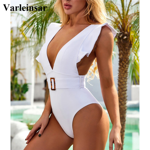 New Sexy Ruffled White Deep V One Piece Swimsuit Women Swimwear Female With Belt Monokini Bather Bathing Suit Swim Lady V2198 ► Photo 1/6