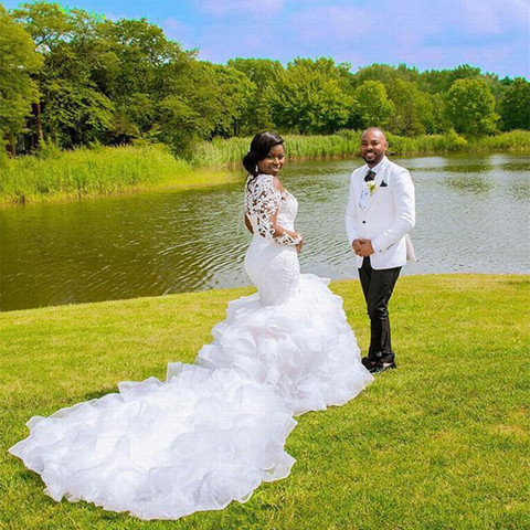 Cheer Ruffles Long Train Mermaid Wedding Dress 2022 Lace Beaded Plus Size African Wedding Gown ► Photo 1/6