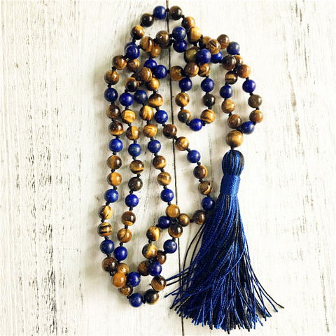 108 Mala Beads Necklace Tiger Eye & Lapis Lazuli Knotted Tassel Necklace Long Necklaces Yoga Jewelry Meditation Jewelry ► Photo 1/6