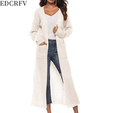 Womens Long Sleeve Open Front Cardigan Maxi Long Side Split Solid Color Knitted Sweater Irregular Slim Coat with Large Pockets ► Photo 1/6