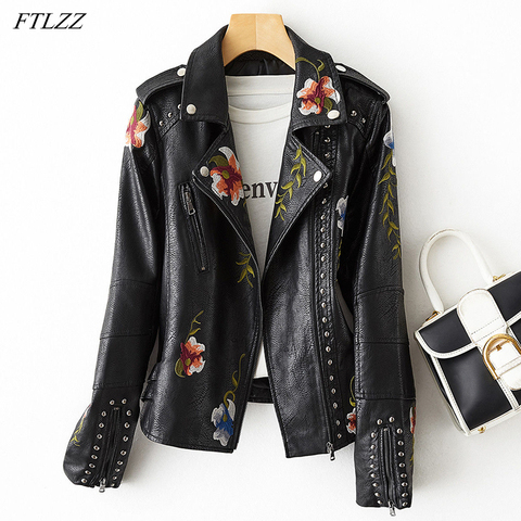 FTLZZ Women Retro Punk Style Fuax Leather Jacket Streetwear Moto Biker Embroidery Floral Print Rivet Pu Coat Oversized Outwear ► Photo 1/1