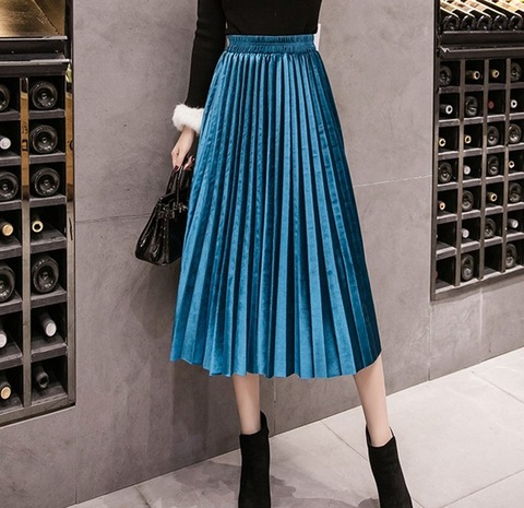 2022 Autumn Winter Velvet Skirt High Waisted Skinny Large Swing Long Pleated Skirts Metallic Plus Size Saia ► Photo 1/1