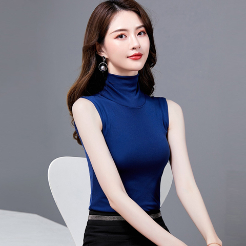 Summer Tops For Women 2022 Turtleneck Basic Sleeveless Lace Tank Tops Women Female Top Plus Size Korean Tee Black White Blue ► Photo 1/6