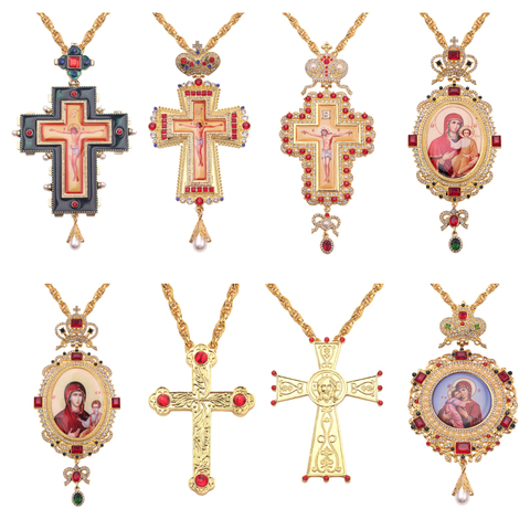 Orthodox Greek Shepherd Cross Jesus Crucifix Pendants Gold Rhinestones Classic Cross Chain Religious Craft Supplies ► Photo 1/4